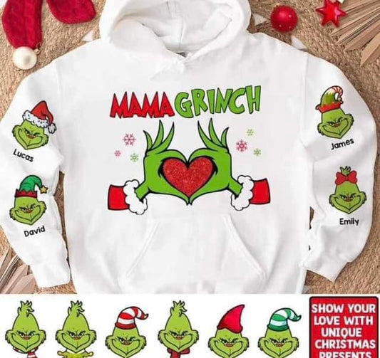 Grinch Sweatshirt with Names on sleeves