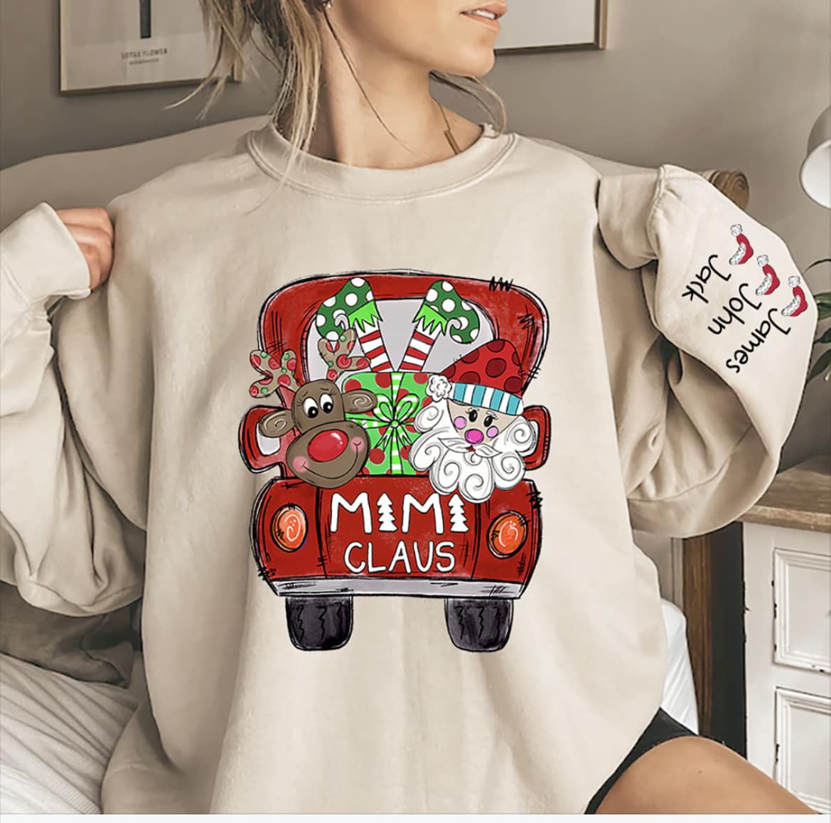 Christmas Sweatshirt-With Names on sleeve-Red Truck